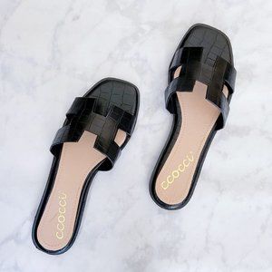 NEW Ccocci Croc Embossed Vegan Leather H Band Slide Slip On Comfy Sandals Shoes